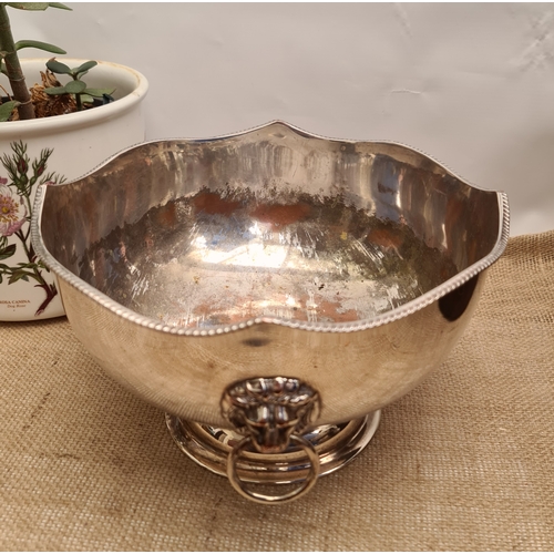 321 - Vintage Silver Plated Bowl With Lion Head Handles Either Side. Measures 28cm wide by 17cm tall. Ship... 