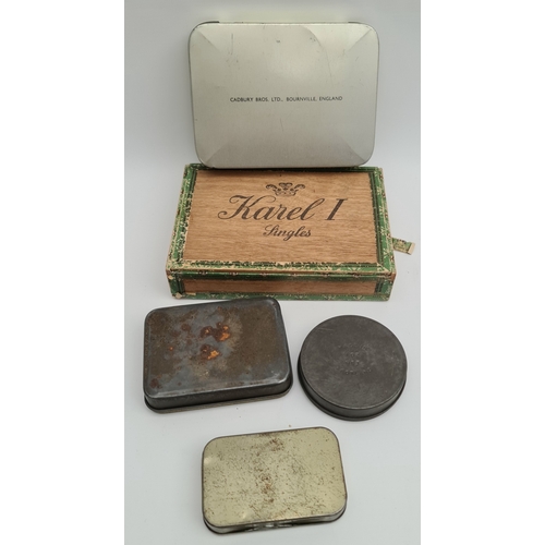 457 - Parcel of 4 Assorted Collectable Tins and a Cigar Box. Includes Cadburys 1953 Coronation Tin and Tob... 