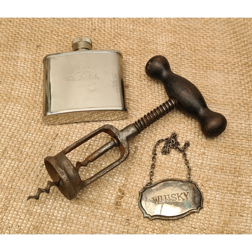 478 - Vintage Corkscrew Glenfiddich Hip Flask and Silver Plated Whisky Decanter Label. The Corkscrew is 15... 