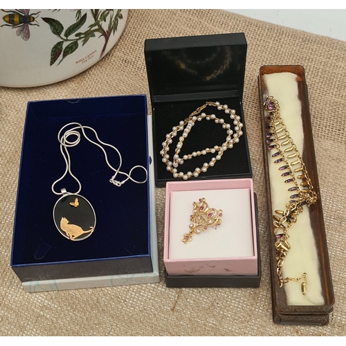 554 - Parcel of Jewellery Includes Necklaces Brooch and Sterling Silver Necklace and Cat Pendant. Shipping... 