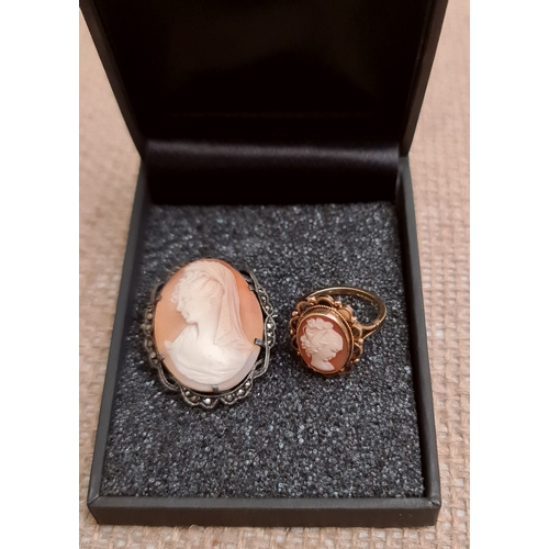 74 - Vintage 9ct Gold hallmarked Cameo Ring and A Hallmarked Cameo Brooch. The ring is UK size K and weig... 