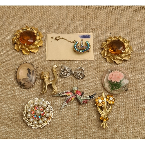 89 - Jewellery Vintage Parcel of Ten Brooches. Includes Cat Novelty Brooch and Parrot Novelty Brooch. Shi... 