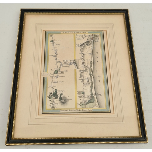 98 - Antique Framed Map Engrave Printed and Coloured Bath to Brighton c1800's. Possibly a plate from a bo... 