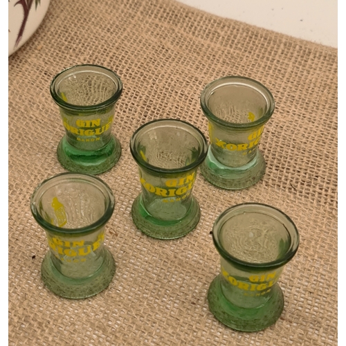 12 - Parcel of 5 Vintage Moulded Gin Shot Glasses. Green with Yellow Xoriguer Mahon Gin Motif. Each Measu... 