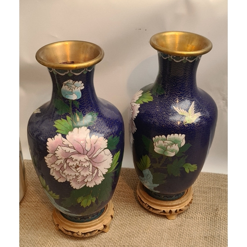15 - Vintage Pair of Cloisonne Vases on Wooden Bases. Blue Ground With Flower and Bird Images. Each measu... 