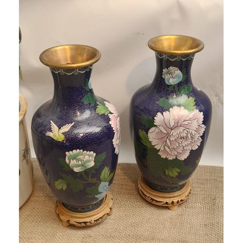 15 - Vintage Pair of Cloisonne Vases on Wooden Bases. Blue Ground With Flower and Bird Images. Each measu... 