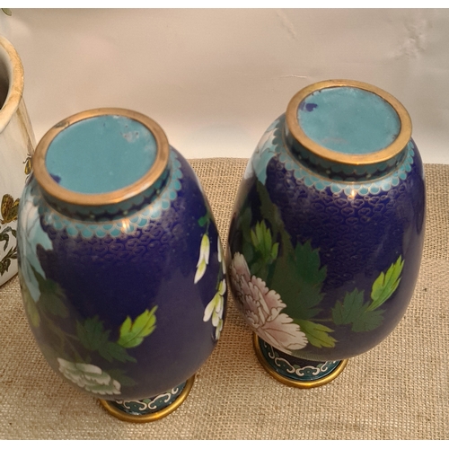 15 - Vintage Pair of Cloisonne Vases on Wooden Bases. Blue Ground With Flower and Bird Images. Each measu... 