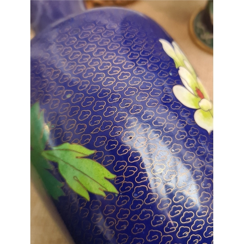 15 - Vintage Pair of Cloisonne Vases on Wooden Bases. Blue Ground With Flower and Bird Images. Each measu... 