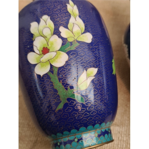 15 - Vintage Pair of Cloisonne Vases on Wooden Bases. Blue Ground With Flower and Bird Images. Each measu... 