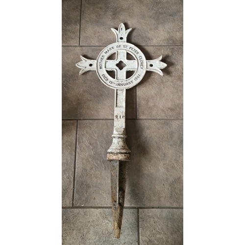 20 - Cast Iron Memorial Cross Painted White Dated 13th January 1961 Dedicated to Mother Mary of St Peter ... 