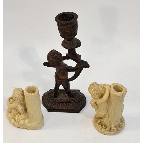 200 - Cast Bronze Candlestick in The Form of a Winged Cherub Holding Aloft a Branch With The Candle Holder... 