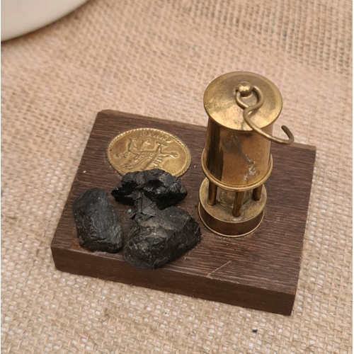 28 - Vintage Miniature Welsh Brass Miners Lamp. Mounted on Wooden Plinth With 3 Lumps of Coal. Measures 9... 