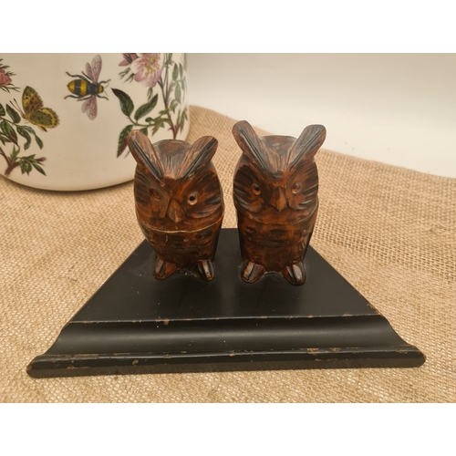 29 - Antique Black Forest Hand Carved Ink Stand With Carved Owl Ink Pot Holders. Measures 23cm wide by 13... 