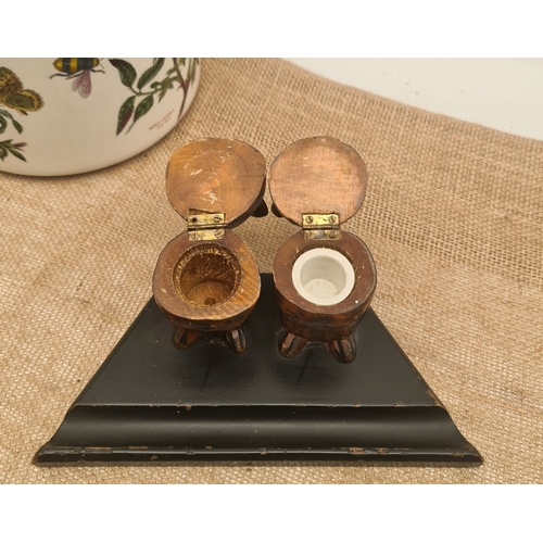29 - Antique Black Forest Hand Carved Ink Stand With Carved Owl Ink Pot Holders. Measures 23cm wide by 13... 