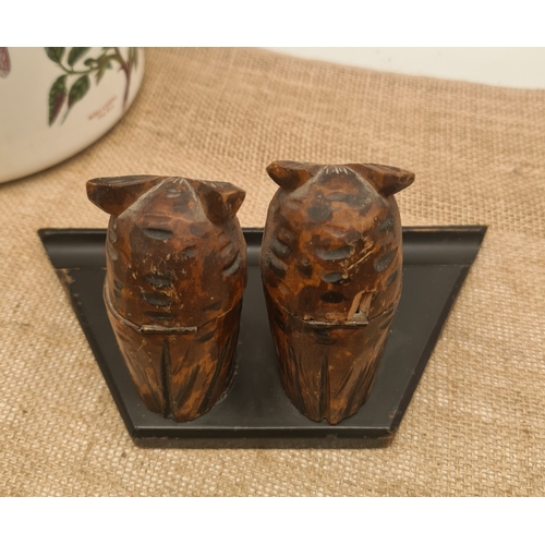 29 - Antique Black Forest Hand Carved Ink Stand With Carved Owl Ink Pot Holders. Measures 23cm wide by 13... 