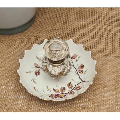 34 - Antique Cut Glass Inkwell on Ceramic Stand With Painted Leaf and Flower Design. Possibly French. Mea... 