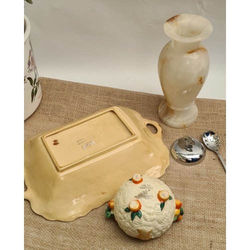 42 - Vintage Clarice Cliff Sugar Bowl Celtic Harvest Pattern An Alabaster Vase and A Shorter Ceramic Bask... 