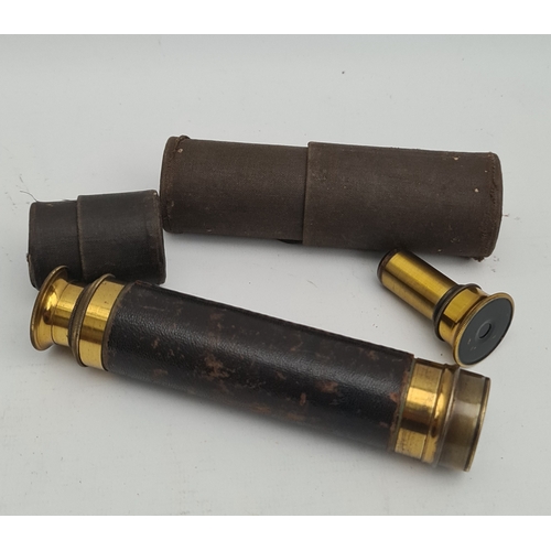 465 - Antique Brass Three Draw Telescope With Leather Grip. Unsigned 41cm when fully extended with a 3cm l... 