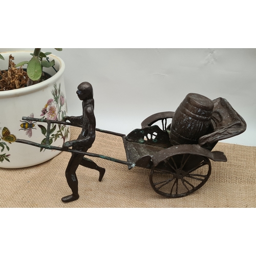 48 - Vintage Bronze Rough Cast Metal Oriental Sculpture Figure With Rickshaw. Measures 36cm by 20cm by 14... 