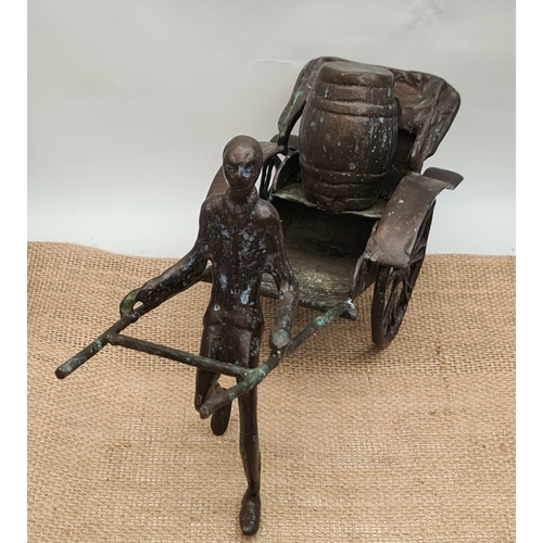 48 - Vintage Bronze Rough Cast Metal Oriental Sculpture Figure With Rickshaw. Measures 36cm by 20cm by 14... 