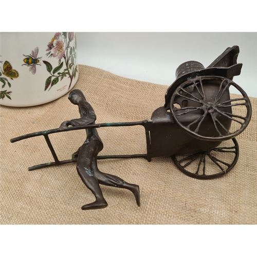 48 - Vintage Bronze Rough Cast Metal Oriental Sculpture Figure With Rickshaw. Measures 36cm by 20cm by 14... 