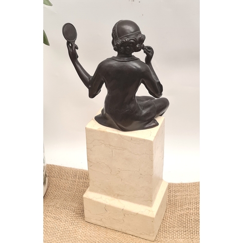 49 - Vintage Bronze Figure Art Deco Style, Depicting A Seated Maiden Holding A Mirror, Raised On Marble B... 