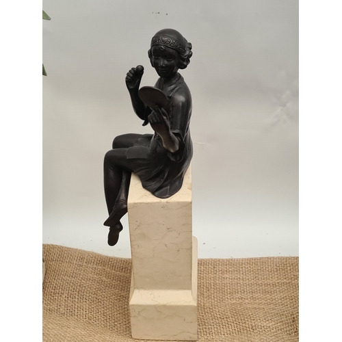 49 - Vintage Bronze Figure Art Deco Style, Depicting A Seated Maiden Holding A Mirror, Raised On Marble B... 