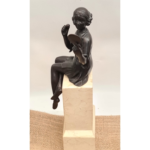 49 - Vintage Bronze Figure Art Deco Style, Depicting A Seated Maiden Holding A Mirror, Raised On Marble B... 