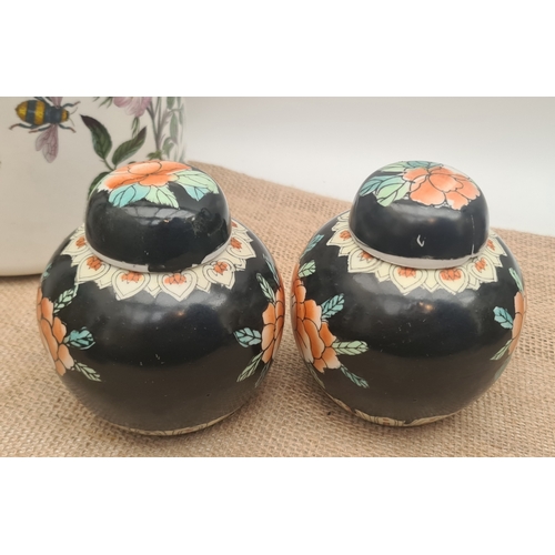 8 - Antique Pair of Hand Painted Small Ginger Jars With Lids. Each measures 12cm tall. One has damage to... 