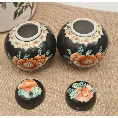 8 - Antique Pair of Hand Painted Small Ginger Jars With Lids. Each measures 12cm tall. One has damage to... 
