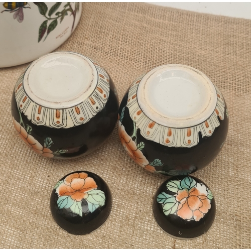 8 - Antique Pair of Hand Painted Small Ginger Jars With Lids. Each measures 12cm tall. One has damage to... 