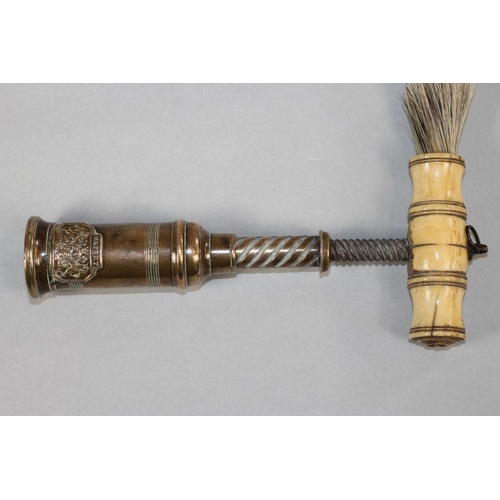 A VICTORIAN PATENT BRASS CORKSCREW, the baluster turned bone handle with  badger hair brush, the cyli