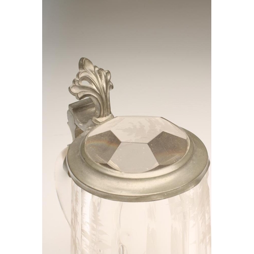 105 - A CLEAR GLASS STEIN, late 19th century, of tapering panelled form engraved with a running stag, with... 