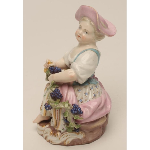 11 - A MEISSEN PORCELAIN FIGURE, late 19th century, allegorical of Autumn, modelled as a young girl weari... 