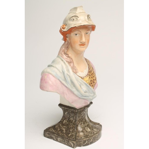 15 - A STAFFORDSHIRE PEARLWARE BUST OF MINERVA, early 19th century, wearing a helmet (lacks plume), brown... 