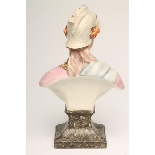 15 - A STAFFORDSHIRE PEARLWARE BUST OF MINERVA, early 19th century, wearing a helmet (lacks plume), brown... 