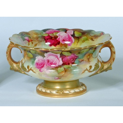 51 - A ROYAL WORCESTER CHINA ROSE BOWL, 1912, of squat baluster form with everted scalloped rim and two n... 