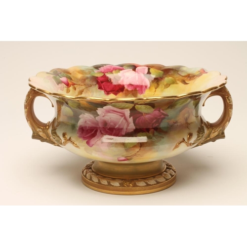 51 - A ROYAL WORCESTER CHINA ROSE BOWL, 1912, of squat baluster form with everted scalloped rim and two n... 