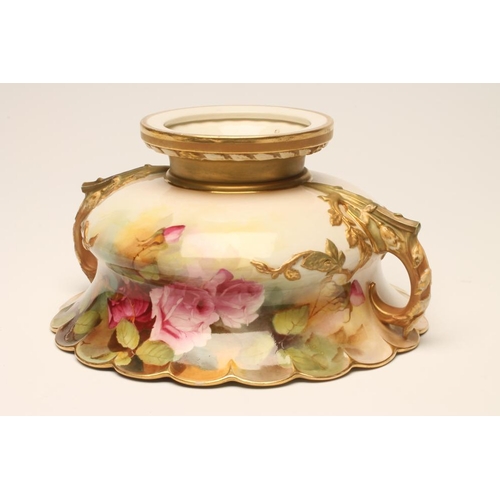 51 - A ROYAL WORCESTER CHINA ROSE BOWL, 1912, of squat baluster form with everted scalloped rim and two n... 