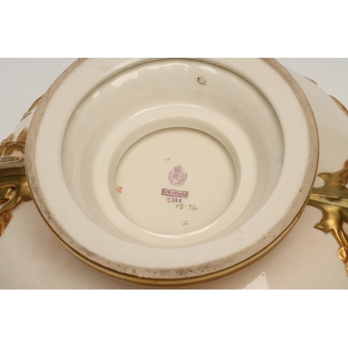 51 - A ROYAL WORCESTER CHINA ROSE BOWL, 1912, of squat baluster form with everted scalloped rim and two n... 