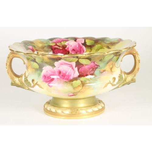 51 - A ROYAL WORCESTER CHINA ROSE BOWL, 1912, of squat baluster form with everted scalloped rim and two n... 