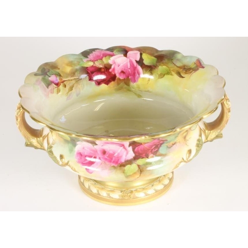 51 - A ROYAL WORCESTER CHINA ROSE BOWL, 1912, of squat baluster form with everted scalloped rim and two n... 