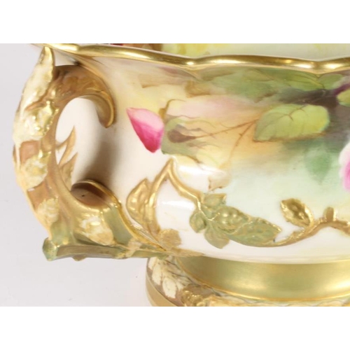 51 - A ROYAL WORCESTER CHINA ROSE BOWL, 1912, of squat baluster form with everted scalloped rim and two n... 