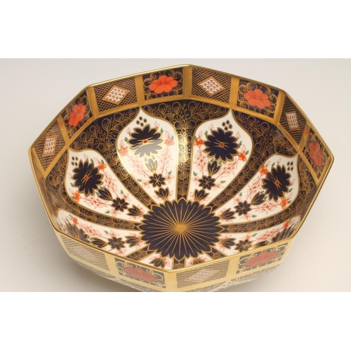 53 - A ROYAL CROWN DERBY CHINA LARGE BOWL, modern, of octagonal form painted with Imari pattern No.1128, ... 