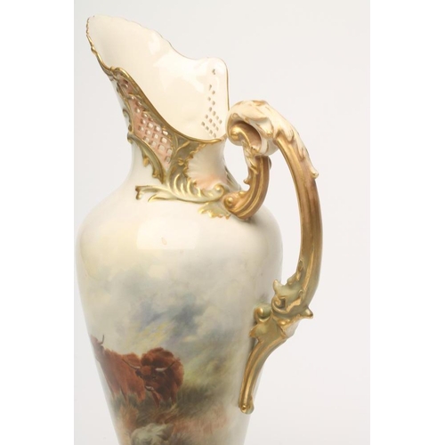 61 - A ROYAL WORCESTER CHINA EWER, 1910, of flared rounded cylindrical form with diaper pierced high lip ... 