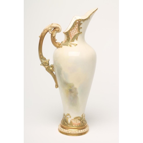 61 - A ROYAL WORCESTER CHINA EWER, 1910, of flared rounded cylindrical form with diaper pierced high lip ... 