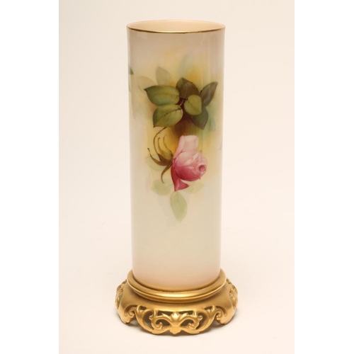 75 - A ROYAL WORCESTER CHINA SLEEVE VASE, 1920, raised upon a scroll pierced base, painted with full blow... 