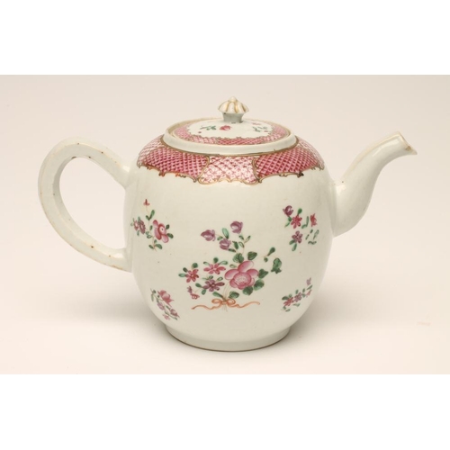 8 - A CHINESE EXPORT PORCELAIN TEAPOT, of rounded form with panelled handle and spout, painted in famill... 