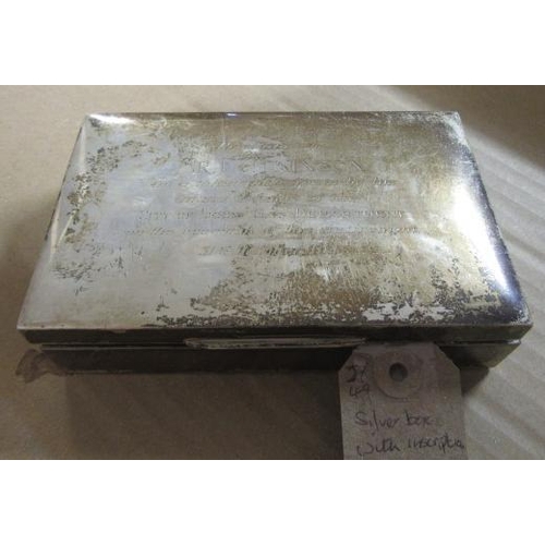 160 - SILVER CIGARETTE BOX WITH INSCRIPTION