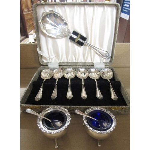 168 - TWO PIECE SILVER CRUET SET AND CASED EPNS SPOONS